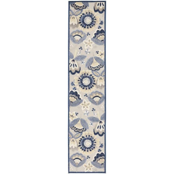 HomeRoots Charlie 2 X 10 ft. Blue and Grey Floral Indoor/Outdoor Area Rug
