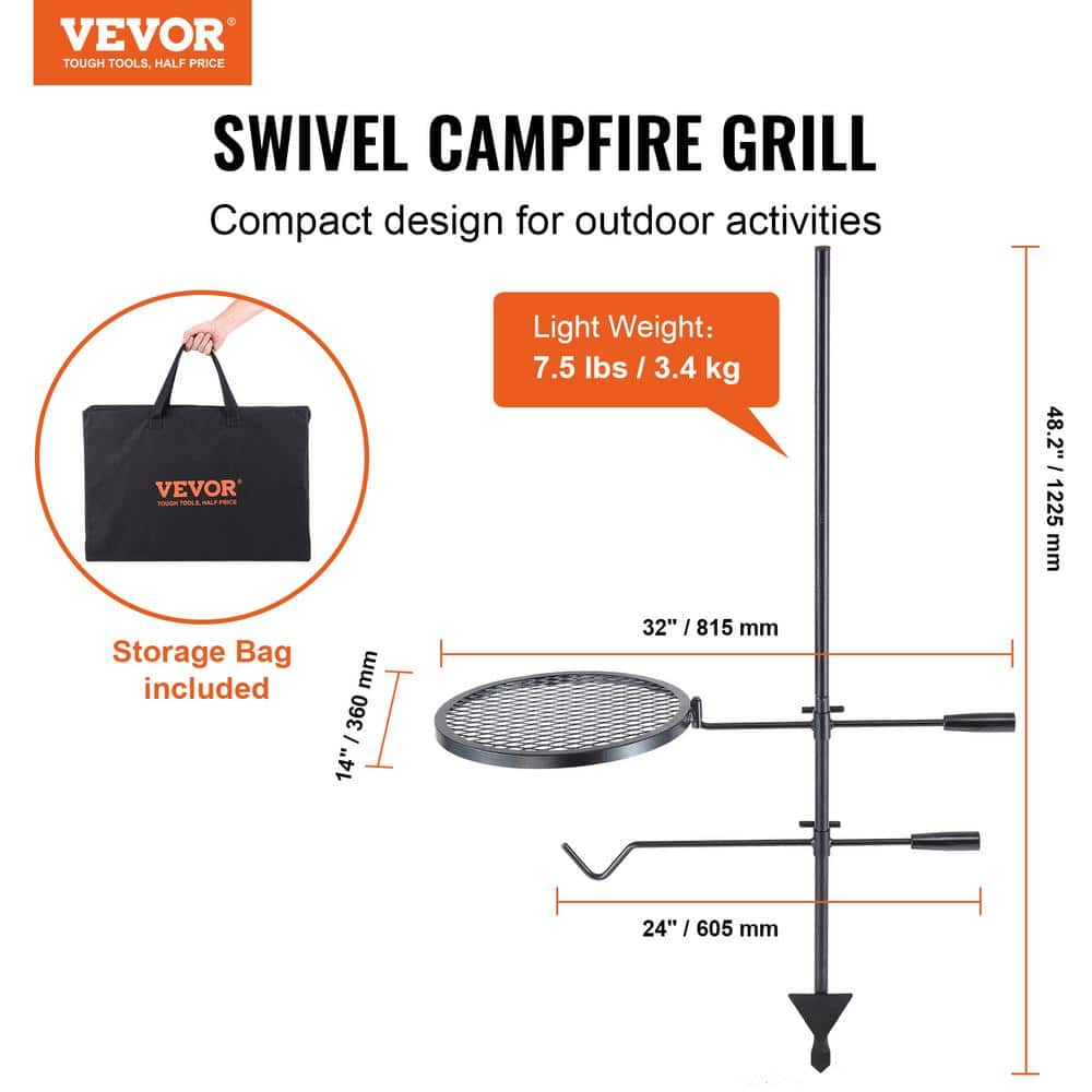14-Inch Round Black Stainless Steel Swivel Campfire Grill