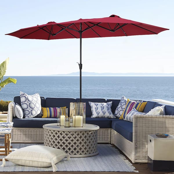 Cesicia 15 ft. Patio Outdoor Double-Sided Rectangular Market Patio Umbrella with Crank in Burgundy