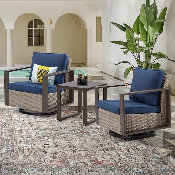 3-Piece Wicker Swivel Outdoor Rocking Chairs Patio Conversation Set with Metel Frame and Dark Blue Cushions