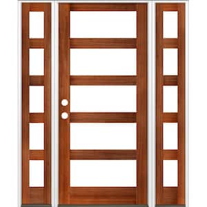70 in. x 96 in. Modern Hemlock Right-Hand/Inswing Clear Glass Red Chestnut Stain Wood Prehung Front Door with DSL