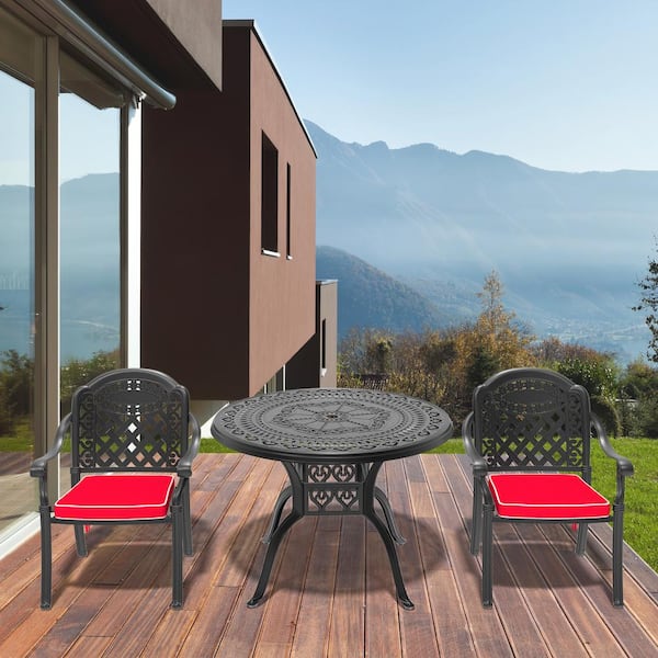 Zeus & Ruta 3 Piece Cast Aluminum Round Outdoor Dining Set, Patio Furniture with in Random Colors Cushions