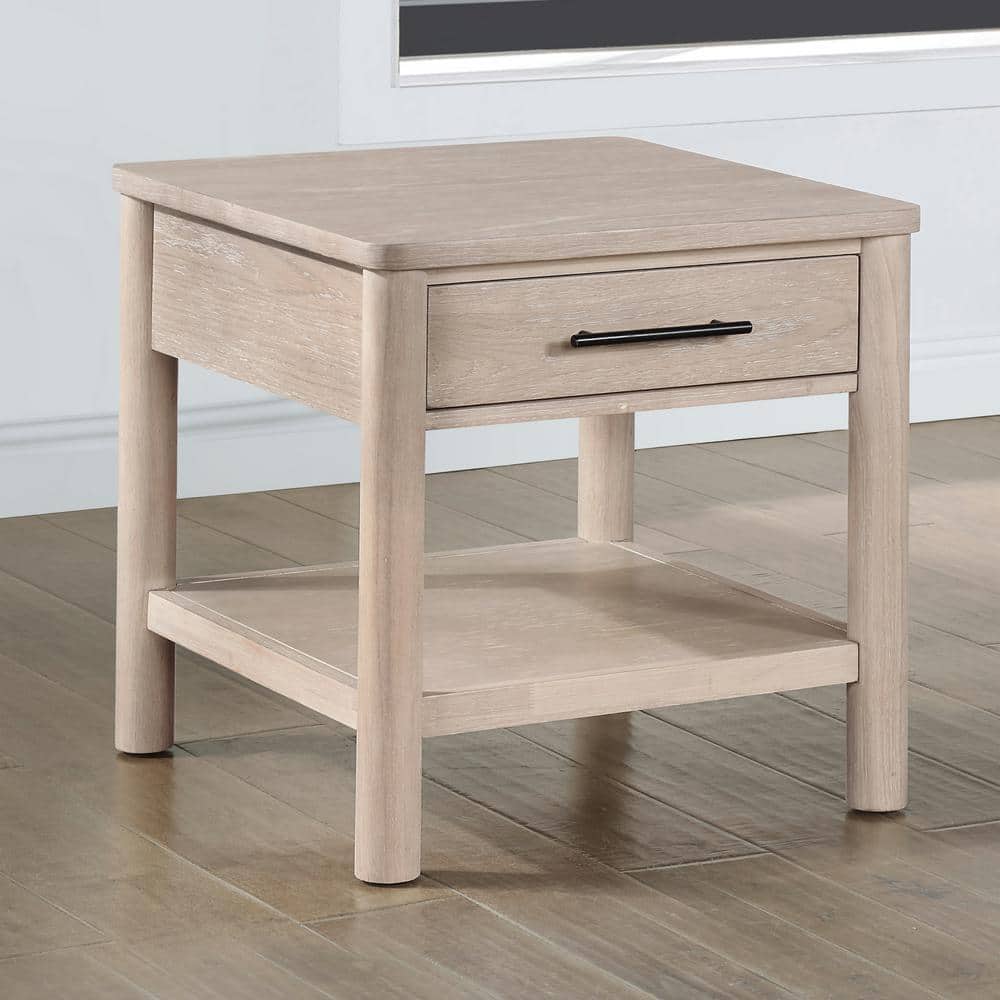 Washed Oak 24" Square End Table with Drawer and Shelf