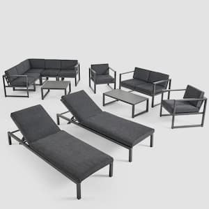 Navan Black 12-Piece Aluminum with Mesh Patio Conversation Sectional Seating Set with Dark Grey Cushions
