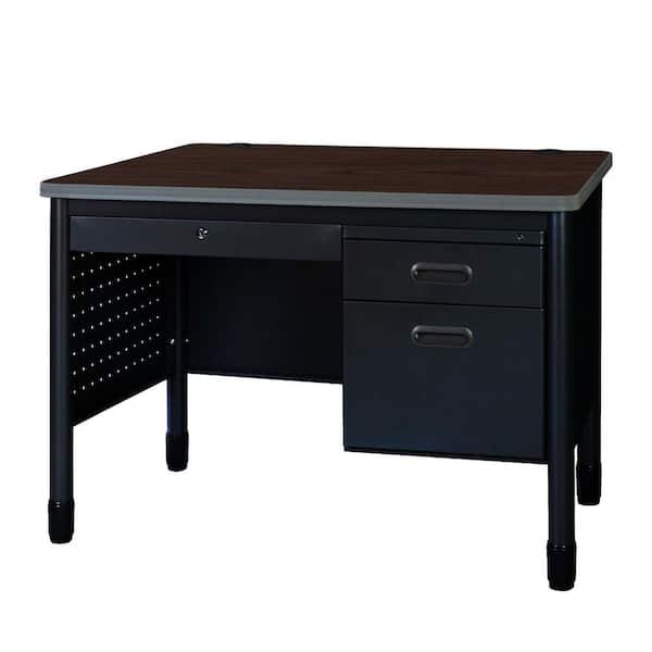 Mesa 48 in. Neo Walnut Top Steel Single Pedestal Teacher's Office Desk with Center Drawer, Black Base