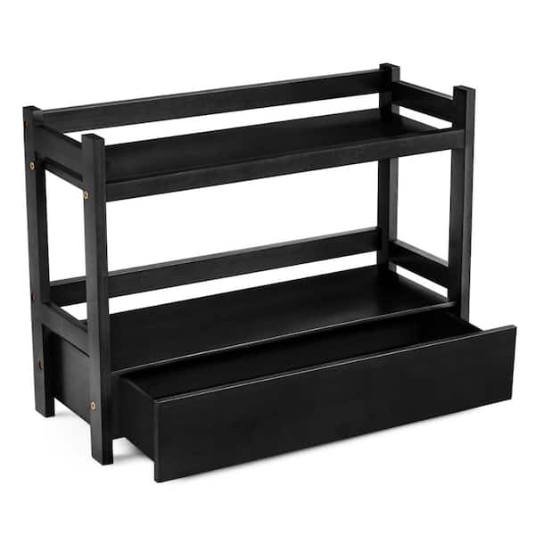 2-Tier Bamboo Shelving Unit (6.5"L x 17"W x 12.6"H) Countertop Shelf with Hidden Drawer, Black