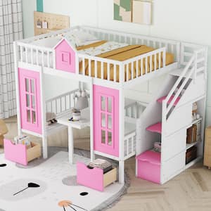 Pink Full-Over-Full Bunk Bed with Changeable Table, Bunk Bed Turn into Upper Bed and Down Desk