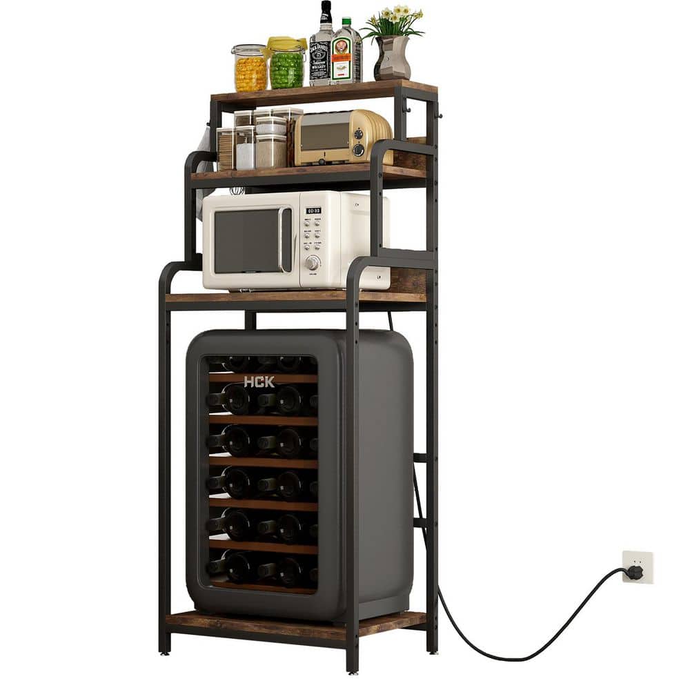 7-Tier Brown Wood Plant Stand,Mini Fridge & Microwave Stand with 2