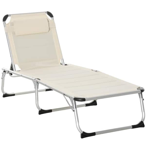 Unbranded Black Metal Foldable Outdoor Chaise Lounge Chair in White with 6-Position Reclining Back, Padding and Headrest