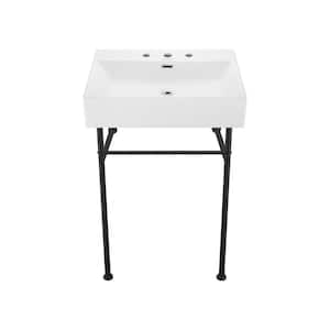 24 in. W Claire Ceramic White Console Sink With Matte Black Legs and 8 in. Widespread Faucet Holes