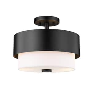 Counterpoint 13 in. 2-Light Matte Black Semi Flush Mount Light with White Glass Shade with No Bulbs Included