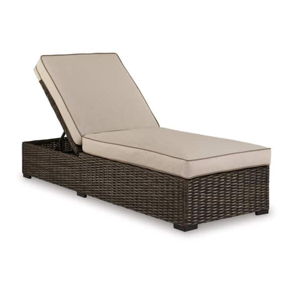 Waga 77 in. Brown Resin Wicker Outdoor Chaise Lounger with Beige Cushioned