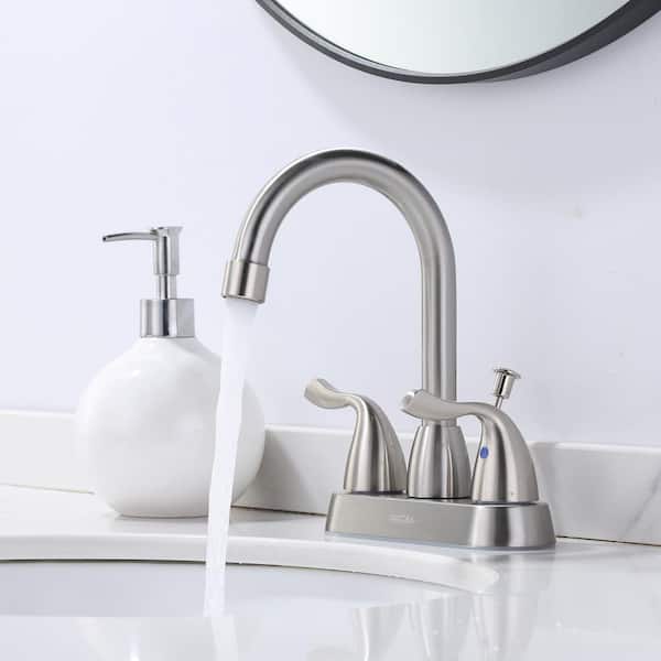 4 in. Centerset Double Handle High Arc Bathroom Faucet with Lift Rod Drain and Supply Lines in Brushed Nickel
