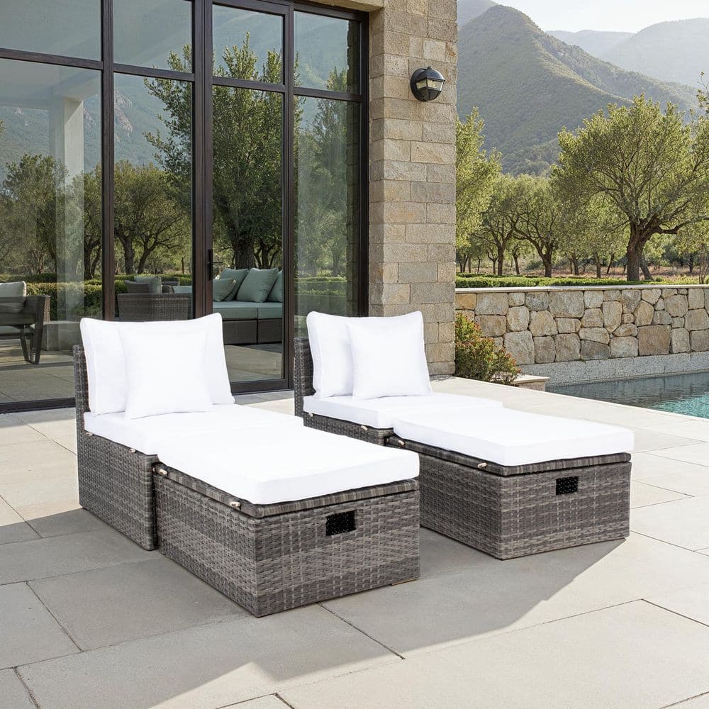 Pramla Gray Brown 2-Pieces Wicker Outdoor Chaise Lounge Chair with White Cushion