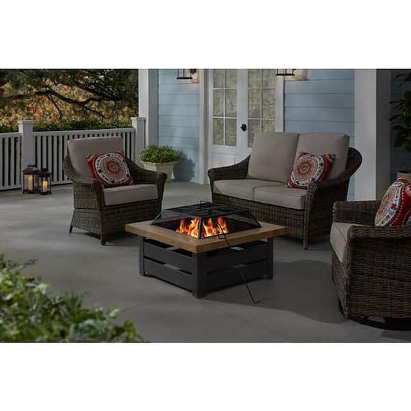 Hampton Bay Stoneham 34 in. x 15.5 in. Square Steel Black Wood Fire Pit with Wood-Look Tile Top