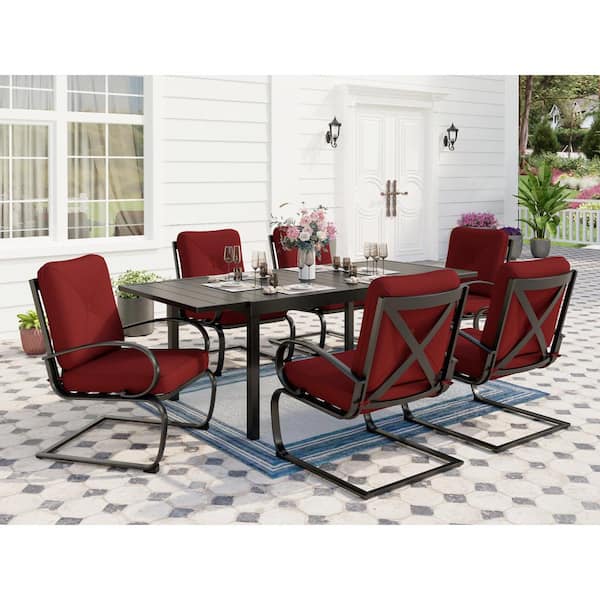 PHI VILLA 7-Piece Metal Patio Outdoor Dining Set with Rectangle Extensible Table and C-Spring Chair with Red Cushions