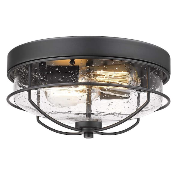 JAZAVA 12 in. 2-Light Farmhouse Black Ceiling Light Fixture with Seeded Glass Shade Flush Mount