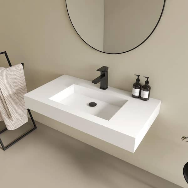 Vetra 29 x 19 in. Solid Surface Wall Mount or Countertop Bathroom Double Vessel Sink with Faucet Holes in Matte White