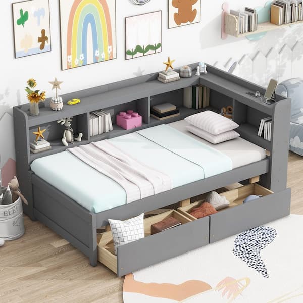 Gray Wood Frame Twin Size Platform Bed with Power Outlets and 2-Drawers