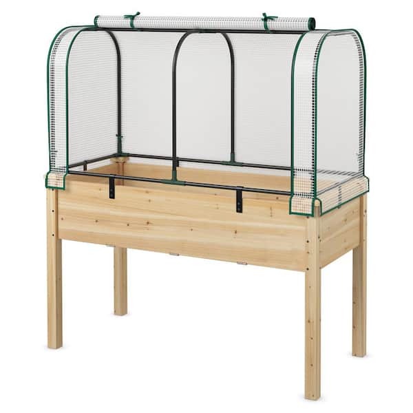 Fir Wood Raised Garden Bed with Greenhouse Waterproof Sun-Protective Green Hot House White+Natural