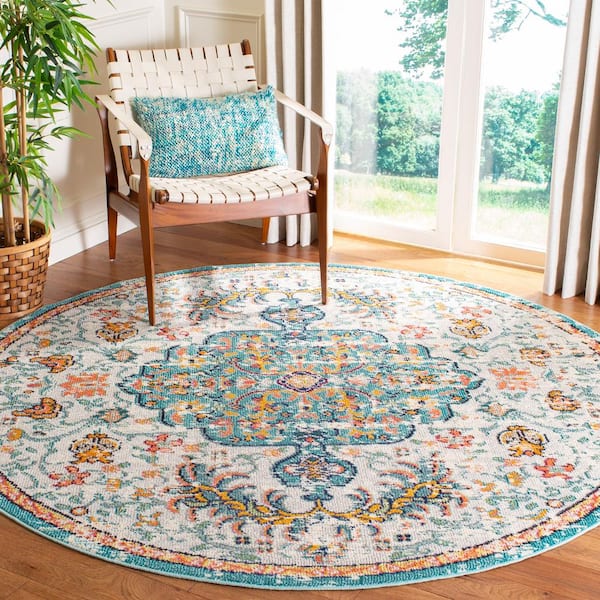 Madison Gray/Light Blue 7 ft. x 7 ft. Round Border Area Rug