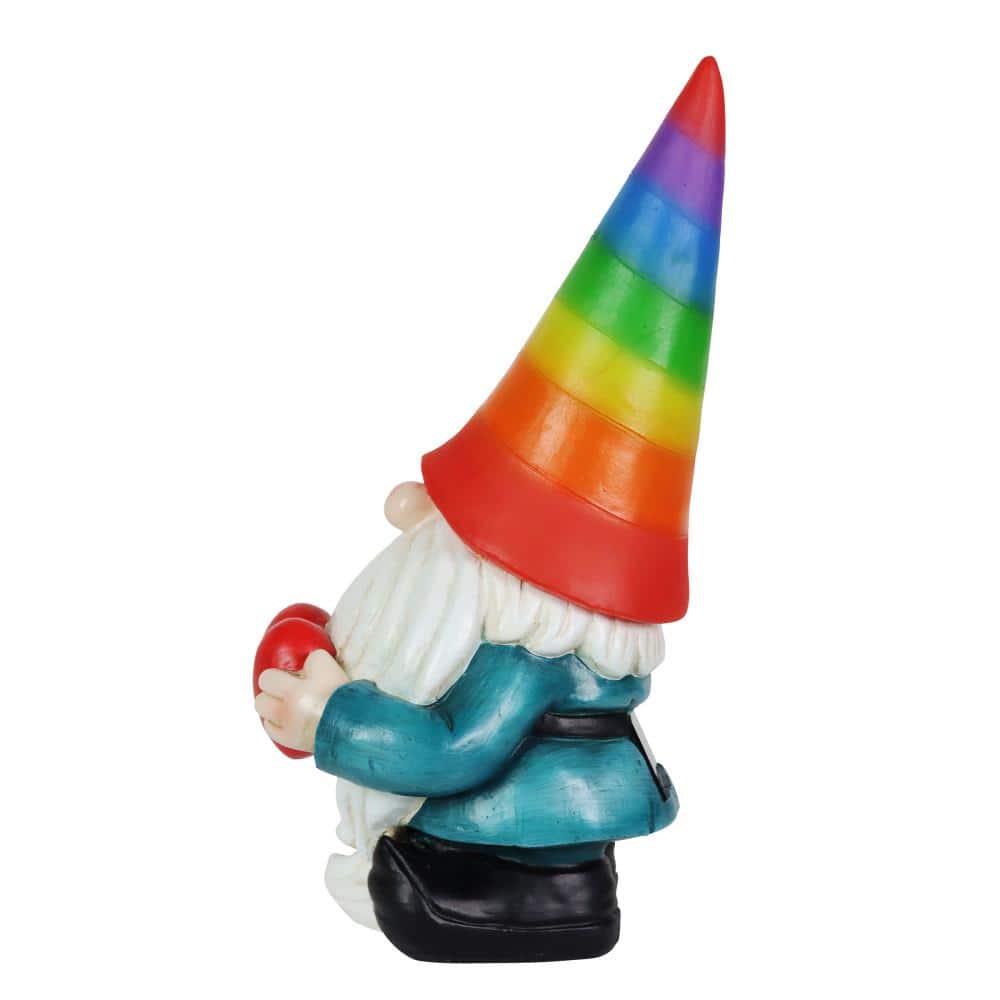 Solar Rainbow Hat Garden Gnome with Heart, 6 x 12.5 Inches
