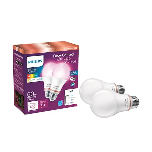 Philips 60-Watt Equivalent A19 LED Color Changing Smart Wi-Fi Light Bulb powered by WiZ (2-Pack)