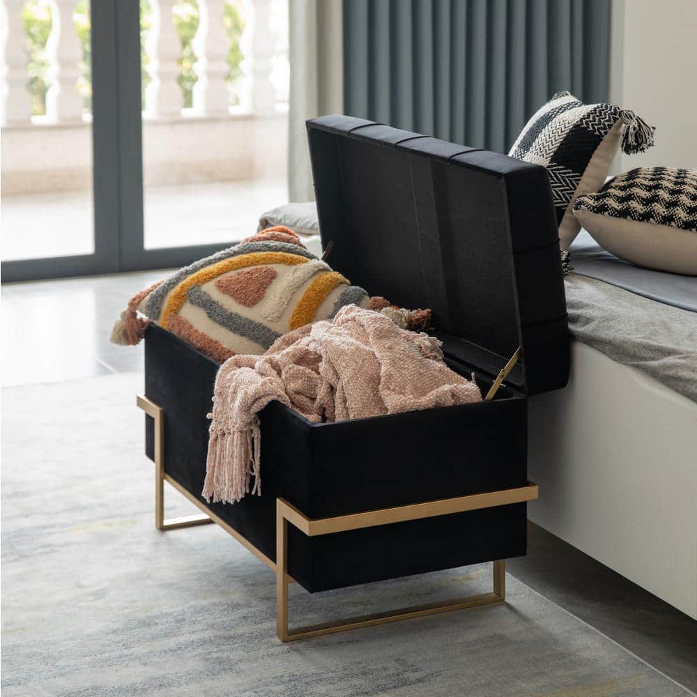 Elegant Black Velvet Storage Ottoman with Golden Metal Legs