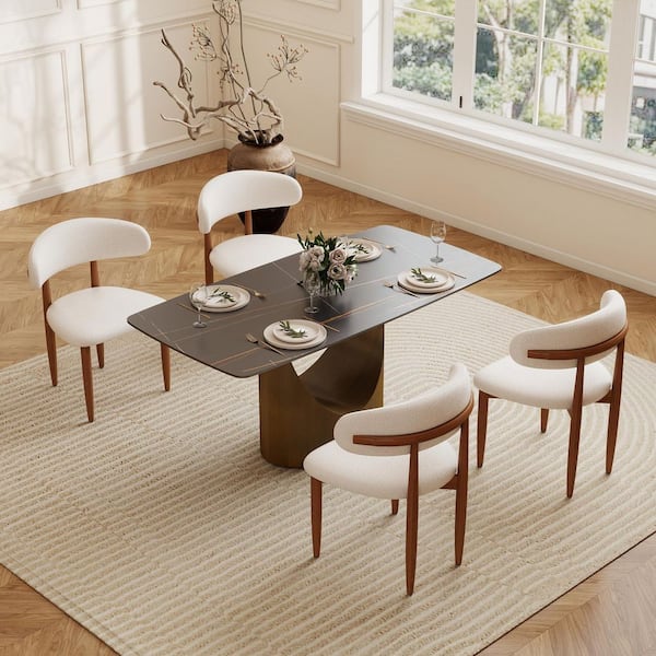 63 in. Black Round Edge Sintered Stone Tabletop with Pedestal Dining Table with Bronze Carbon Base (Seats 6)