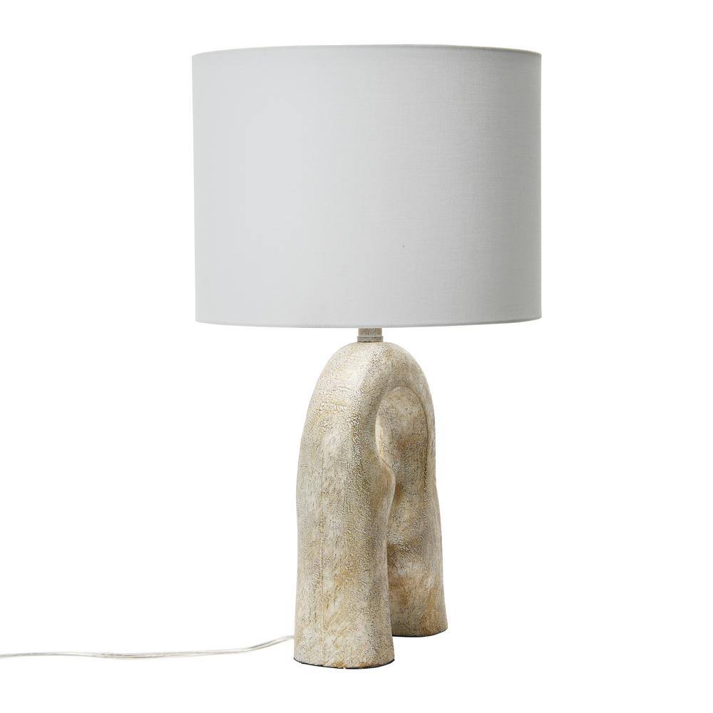 Modern Distressed Natural Resin Table Lamp with Linen Drum Shade
