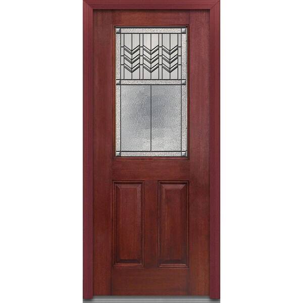 MMI Door 32 in. x 80 in. Prairie Bevel Left-Hand Inswing 1/2-Lite Decorative Stained Fiberglass Mahogany Prehung Front Door