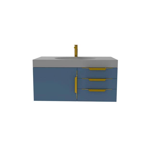 castellousa Thames 36 in W x 19 in D x 1625 H Single Floating Bath Vanity in Blue in Gold Trim with Solid Surface Gray Top