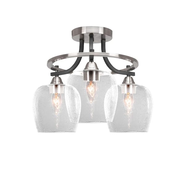 Unbranded Madison 15.5 in. 3-Light Matte Black and Brushed Nickel Semi-Flush Mount with Clear Bubble Glass Shade