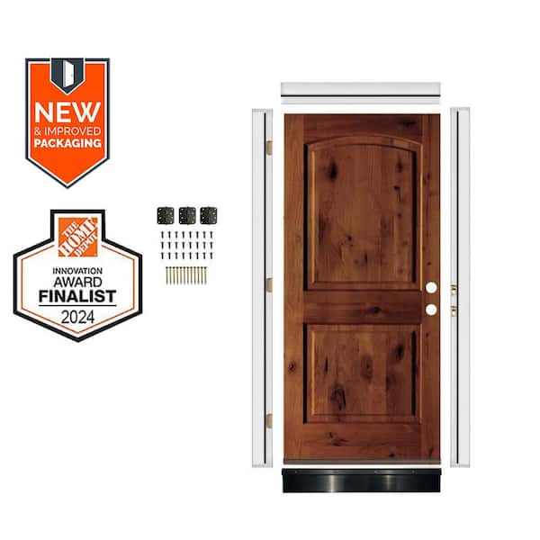 DIY 36 in. x 80 in. Knotty Alder 2-Panel Left-Hand Arch Red Chestnut Stain Wood Front Door Kit w/ Quick Assemble Jamb