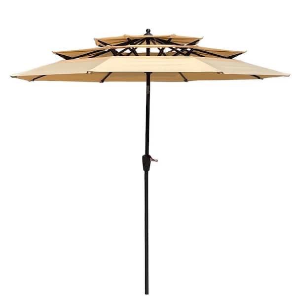 Unbranded 9 ft. Metal 3-Tiers Outdoor Patio Umbrella with Crank and Tilt and Wind Vents in Tan