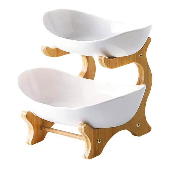 Anqtovp 2-Tier Ceramic Fruit Bowl With Bamboo Wood Stand for Kitchen Counter for Vegetable Storage, Snack Dessert in White