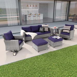 6-Piece Patio Conversation Set Gray Wicker with Swivel Rocking Chair and Side Table, Navy Blue