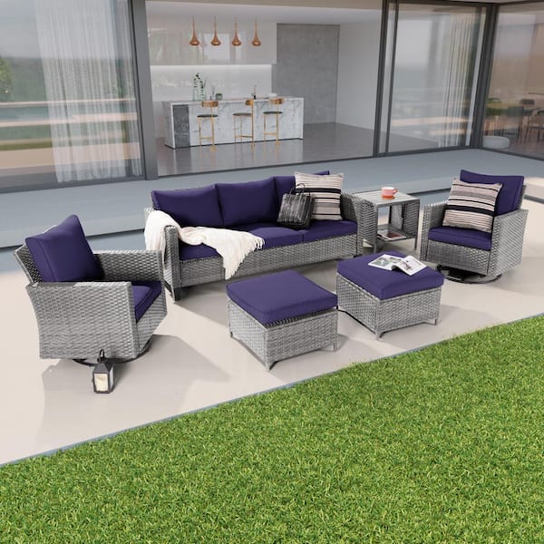 Sonkuki 6-Piece Patio Conversation Set Gray Wicker with Swivel Rocking Chair and Side Table, Navy Blue