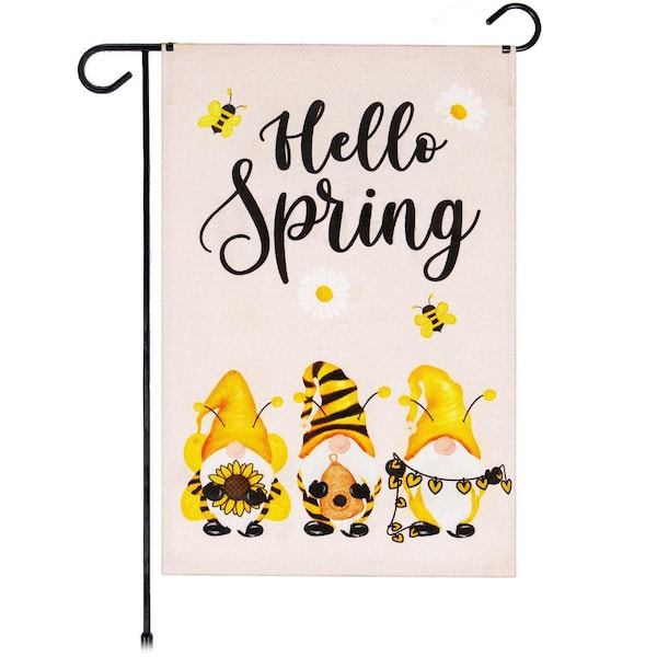 1 ft. x 1.5 ft. Polyester Hello Spring 4 Bee Gnomes 2-Sidded Garden Flag Printed Blockout