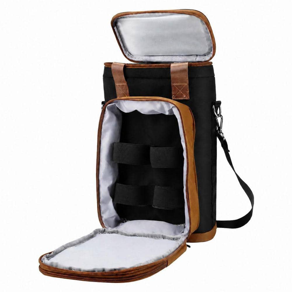 Brown Insulated 2-Bottle Wine Tote Carrier with Adjustable Strap and Compartments for Glasses and Opener