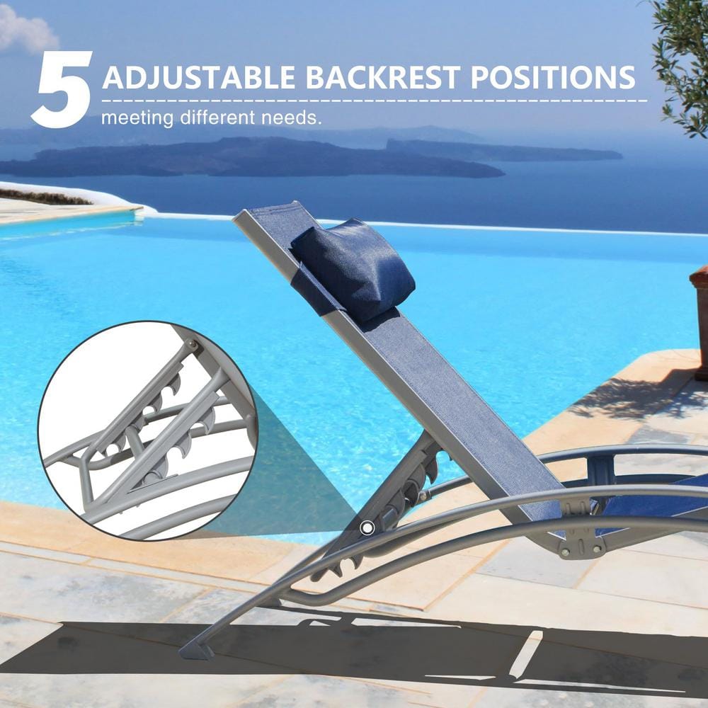 Navy Blue Aluminum Adjustable Outdoor Chaise Lounge Set with Cushions