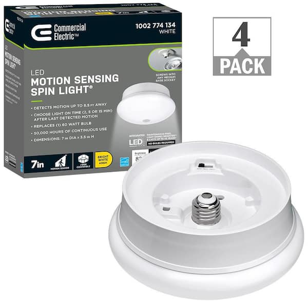 Commercial Electric Spin Light 7 in. Motion Sensor LED Flush Mount Ceiling Light Customize Hold Times Closet Rated (4-Pack)