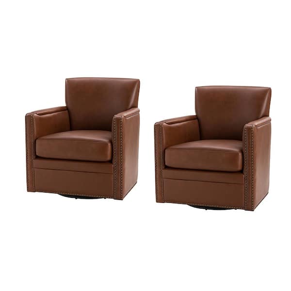 JAYDEN CREATION Amparo Brown 29 in. W Contemporary Genuine Leather Swivel Chair with Nailhead Trim Arm (Set of 2)