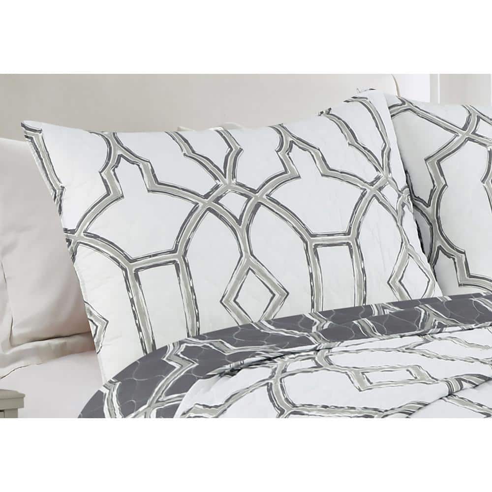 Gray and White Reversible Microfiber Full Quilt Set