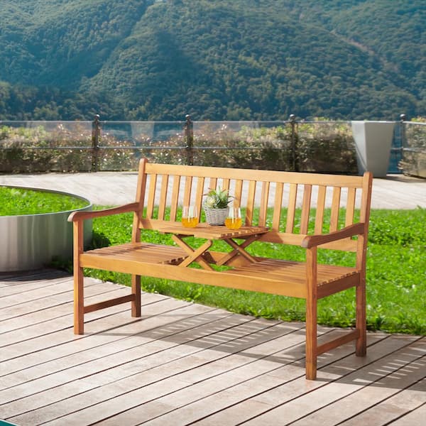 Pure Garden Bristol Two Seat Wood Bench with Pop Up Table