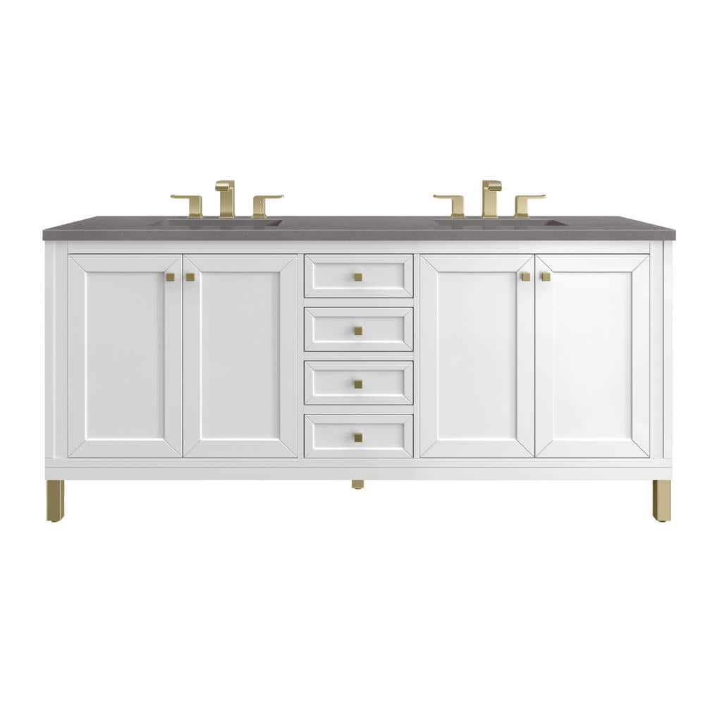 James Martin Vanities Chicago 72.0 in. W x 23.5 in. D x 34 in. H Bathroom Vanity in Glossy White with Grey Expo Quartz Top -  305-V72-GW-3GEX