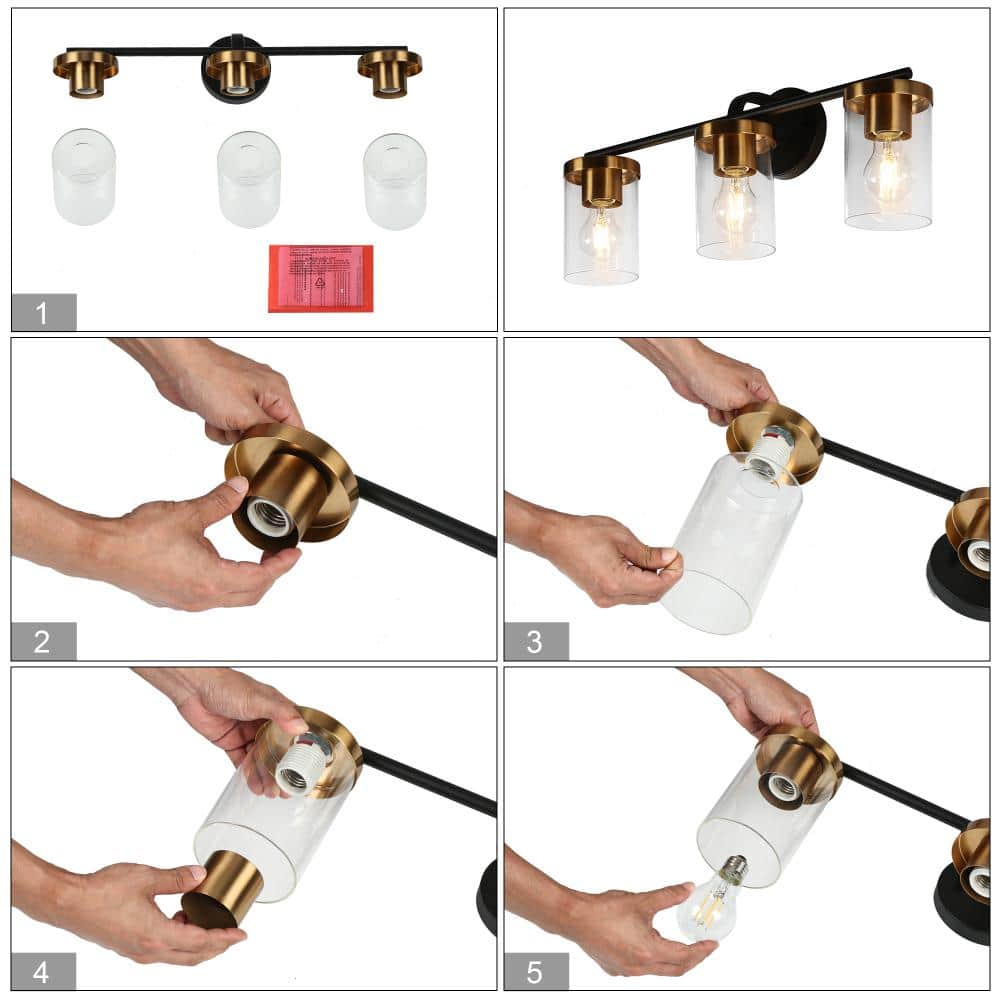 23.6" Black and Brass Metal Vanity Light with Clear Glass Cylinder Shades