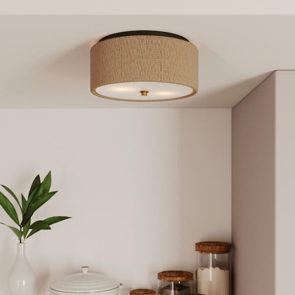 Juluca 13.8 In. 2-Light Frosted Glass Flush Mount with Seagrass Shade and No Bulbs Included