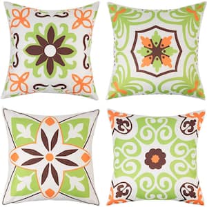 18 in. x 18 in. Green Outdoor Waterproof Throw Pillow Covers Floral Printed and Boho Farmhouse Outdoor Pillow (Set of 4)