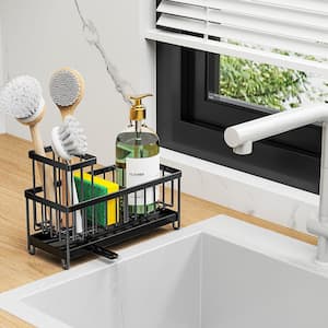 Rustproof 304 Stainless Steel Sponge Holder, Kitchen Sink Caddy, Sink Organizer with Brush Holder, Black